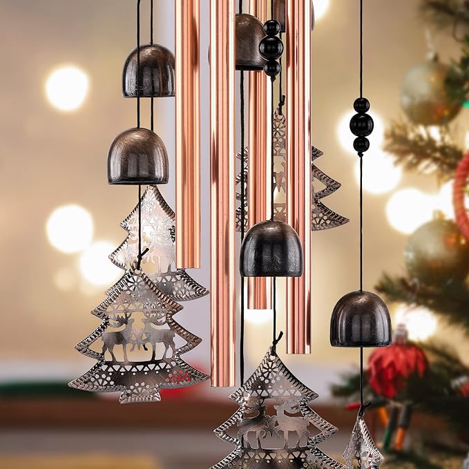 Yoption Christmas Wind Chime for Outside with Christmas Tree, Handmade Metal Memorial Windchimes with S Hook for Garden Decor