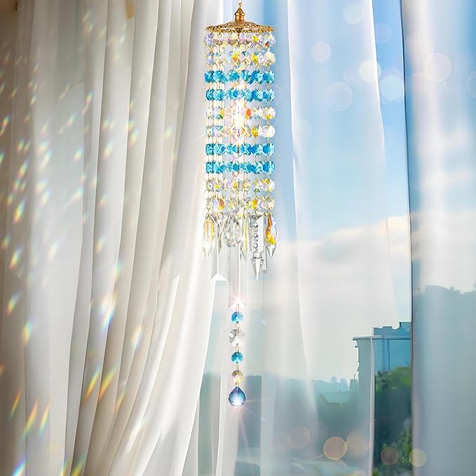 Crystal Wind Chimes for Outside with Rainbow Light Reflections Glass Bells and Rose Gold Alloy Hooks Indoor Outdoor Decor for Home Garden Patio Porch Birthday House Warming (Sky Blue)