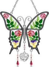 KY&BOSAM Butterfly Suncatcher I Love You Sister Stained Glass for Windows Hanging Wind Chime Pressed Flower and Metal Heart Charm for Sister Birthday Valentine`s Day Christmas Décor