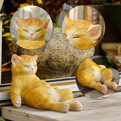 Sleeping Orange Cat Statue Outdoor Garden Decor, Realistic Resin Garden Cat Figurine, Indoor/Outdoor Decor, Heartwarming Memorial Gift for Cat Lovers, Lifelike Feline Sculpture for Patio & Yard