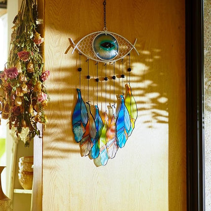 Metal Evil Eye Wind Chime，Evil Eye Wall Art Decor Colorful Glass and Metal Spiritual Wind Chimes for Outdoor Patio, Balcony, Garden, and Yard
