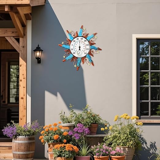 pealstar Waterproof Indoor Outdoor Thermometer 13 Inch Large Wall Thermometer with Hygrometer Decorative Metal Sun Outdoor Thermometers for Patio Garden Yard Living Room Decor