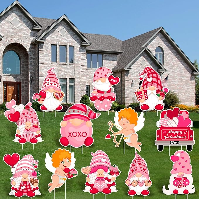 Glenmal 12 Pcs Valentine's Day Yard Signs with Stakes Valentine Gnomes Lawn Decorations Outdoor Love Swedish Corrugated Decor for Wedding Anniversary Party