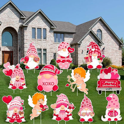 Glenmal 12 Pcs Valentine's Day Yard Signs with Stakes Valentine Gnomes Lawn Decorations Outdoor Love Swedish Corrugated Decor for Wedding Anniversary Party