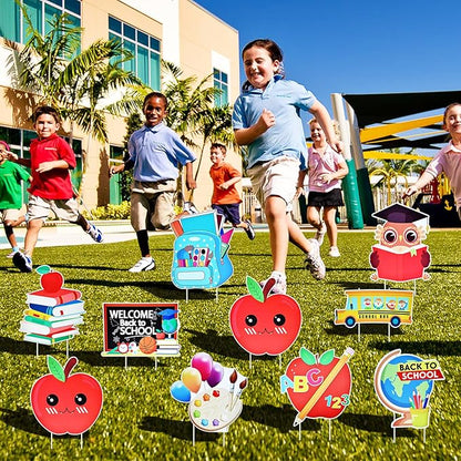 10-Piece Set Back to School Yard Signs with Stakes, Assorted Apple, Owl, and School Bus Designs for Outdoor Garden and Lawn Decoration, 11.7 x 11.8 Inches Plastic Signs for Welcome School Party Favor