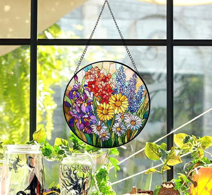 Stained Glass Window Hanging Sun Catcher 7.8 in, Colorful Wildflowers Glass Panel Suncatcher Indoor Window Decor Gift for Women, Men, Wife, and Mom