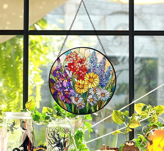 Stained Glass Window Hanging Sun Catcher 7.8 in, Colorful Wildflowers Glass Panel Suncatcher Indoor Window Decor Gift for Women, Men, Wife, and Mom