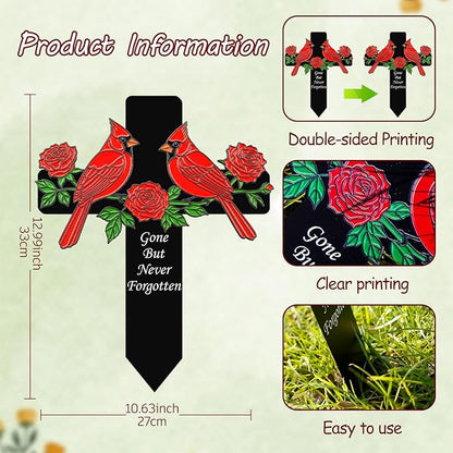 Red Cardinal Memorial Cross Stake - Metal Grave Decorations for Cemetery - Sturdy Thickened Black Cross with 3 Red Roses, Religious Sympathy Gift for Loss of Loved One(Red Cardinal)