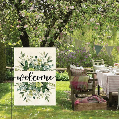 AVOIN colorlife Spring Summer Floral Welcome Garden Flag 12x18 Inch Double Sided Outside, Eucalyptus Seasonal Farmhouse Yard Outdoor Flag