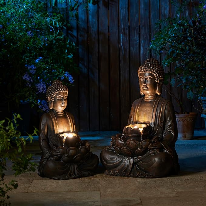 Glitzhome Buddha Statue 23" H, Outdoor Buddha Statue Zen Style Buddha Fountian with LED Light & Pump Polyresin Outdoor Floor Freestanding Fountain Garden Buddha Sculptures & Statues Lawn Décor
