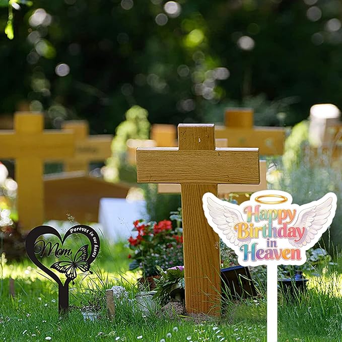 Happy Birthday Grave Decorations, Grave Marker Metal Memorial Remembrance Stake Decor for Garden Yard Outdoor Birthday Decoration Supplies, Heart Memorial Plaque Stake