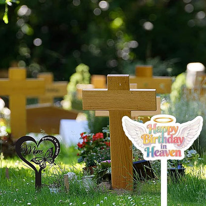 Happy Birthday Grave Decorations, Grave Marker Metal Memorial Remembrance Stake Decor for Garden Yard Outdoor Birthday Decoration Supplies, Heart Memorial Plaque Stake