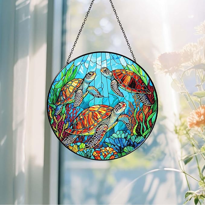Sea Turtle Stained Glass SunCatcher Window Hanging Sea Turtle Gifts for Women Handmade Sun Catcher Decoration for Home Decor Gifts for Ocean Lover Sea Life Decor 7.87inch