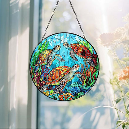 Sea Turtle Stained Glass SunCatcher Window Hanging Sea Turtle Gifts for Women Handmade Sun Catcher Decoration for Home Decor Gifts for Ocean Lover Sea Life Decor 7.87inch
