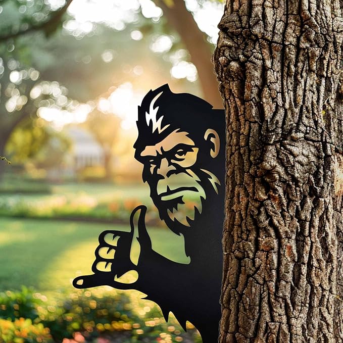 Zckjnoi Sneaky Sasquatch Metal Wall Art - Laser Cut Bigfoot Rock Gesture Sign, 15.8x10.2 Inch Outdoor Yard Decor for Garden & Tree Areas