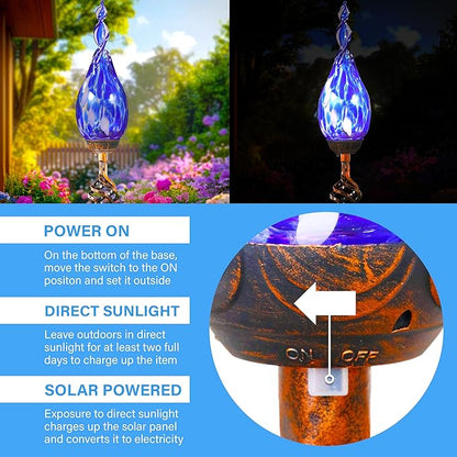 Solar Garden Lights Outdoor, Decorative LED Flame Garden Stakes, Hand Blown Glass and Outdoor Waterproof Glass Stakes (Dark Blue)
