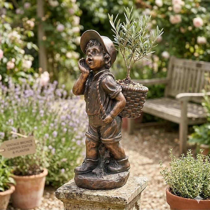 XBrand 24" H Faux Bronze Magnesium Oxide Walking Boy Garden Statue w/Small Flower Plant Pot, Outdoor Décor, Natural Design Sculpture