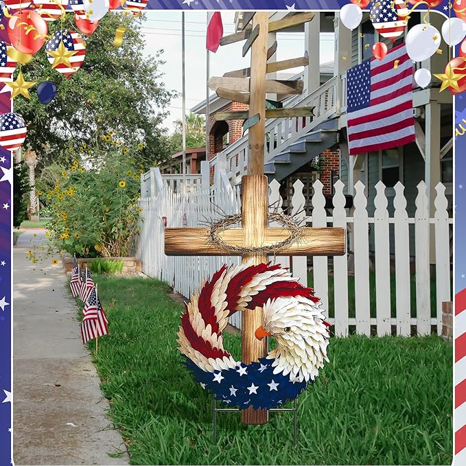 Amyhill 250th Anniversary Decorations, Patriotic Eagle Cross Metal Garden Stakes,4th of July Red White Blue Welcome Yard Signs, Flat Patriotic Outdoor Decor for Independence Day Patio Lawn Walkway