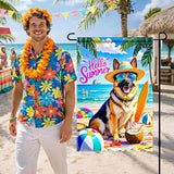 HOMETITUTE Hello Summer Beach Garden Flag German Shepherd Dog Tropical Beach Flag 12x18 Inch Double Sided Yard Small Summer Flag For Outside Holiday Seasonal Outdoor