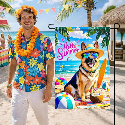 HOMETITUTE Hello Summer Beach Garden Flag German Shepherd Dog Tropical Beach Flag 12x18 Inch Double Sided Yard Small Summer Flag For Outside Holiday Seasonal Outdoor