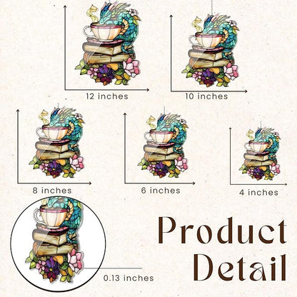 Book Dragon Floral Teacup Acrylic Suncatcher, Bookish Suncatchers for Window Hanging Ornament, Art Garden Decor for Book Lover Reader Bookworm, Gifts for Mother's Day, Mom, Grandma, Wife, Women, Nana
