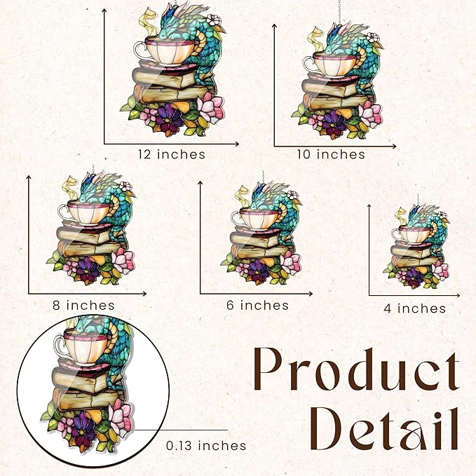 Book Dragon Floral Teacup Acrylic Suncatcher, Bookish Suncatchers for Window Hanging Ornament, Art Garden Decor for Book Lover Reader Bookworm, Gifts for Mother's Day, Mom, Grandma, Wife, Women, Nana