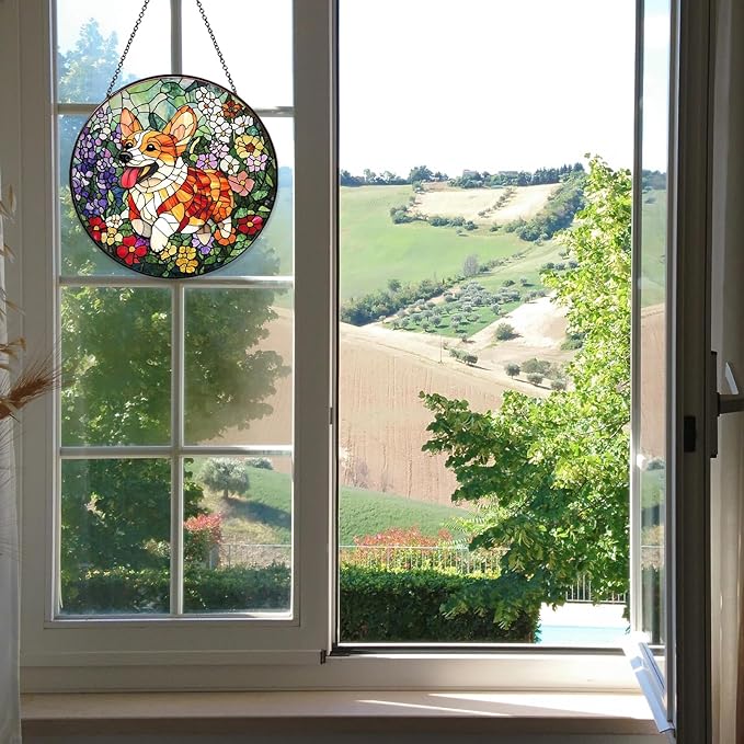 Corgi Stained Glass Window Hanging Corgi Flowers Sun Catcher Decor Dog Lover Gifts for Women Christmas Suncatchers for Garden Home Windows Hanging Decoration, 7.87inch