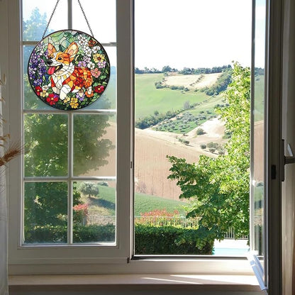 Corgi Stained Glass Window Hanging Corgi Flowers Sun Catcher Decor Dog Lover Gifts for Women Christmas Suncatchers for Garden Home Windows Hanging Decoration, 7.87inch