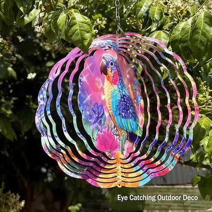 Wind Spinners Colorful Parrot Floral Art 9.8 x 9.8 Inch Metal Wind Spinner Outdoor Garden Decor Vibrant Tropical Bird Illustration Decorative Wind Spinners for Yard Patio