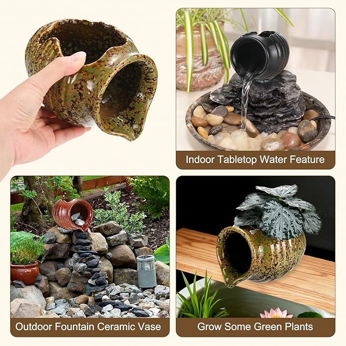 M METERXITY Ceramic Garden Fountain Spitter, Clay Pot Ecological Tank for Pond/Backyard Water Feature/Cave Waterfall/Landscaping, DIY Water Flow Jar Hydroponic Vase [5.5in, Iridescent Green]