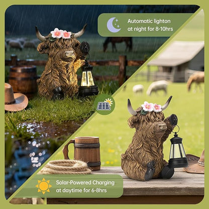 Solar Highland Cow Garden Outdoor Statue,Highland Cow Figurines Sculpture with LED,Farmhouse Decor,Patio Balcony Yard for Pasture & Farm Theme Housewarming Easter Day Gifts for Women Mom