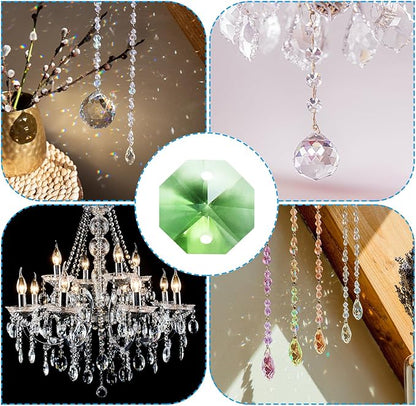 PATIKIL K9 Crystal Octagon Beads 2 Holes Pendants, 60 Pack 14mm Chandelier Prisms Parts Ornaments Hanging Beads for DIY Arts Crafts Decoration, Light Green