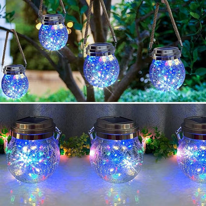 Hang Outdoor Solar Lights Waterproof, 2 Pack 30LED Cracked Glass Ball Decorative Lanterns, Solar Powered Landscape with Handle for Yard Patio Fence House Holiday Decor, Birthday Gift for Women