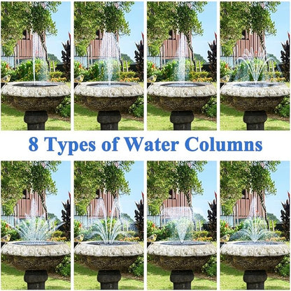 Solar Fountain Pump, Garden Bird Bath Solar Water Fountain Feature 1.5W Powered Pump Outdoor Waterfalls Freestanding with 8 Nozzles for Pond Pool Backyard Decor