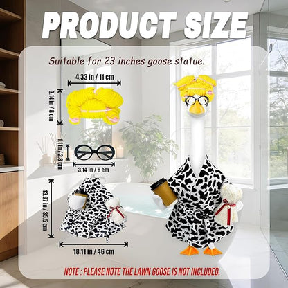 Lady Porch Goose Outfits,Bathrobe Porch Goose Statue Costume with Curlers Reading Glasses Coffee Cup Towel,Cute Goose Clothes for 23-Inch Cement Statue,Lawn Yard Garden Patio Decor（Cow Print）