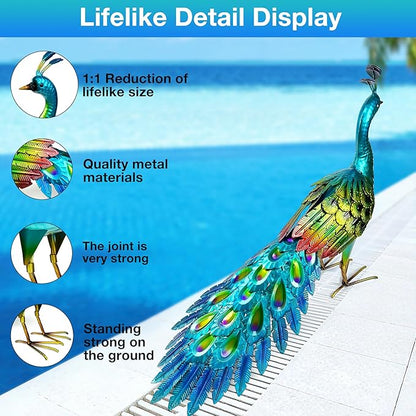 Elegant Metal Peacock Statue – Vibrant Garden Statues and Durable Metal Yard Art with Stunning Blue-Green - Peacock Decort for Patio Lawn or Backyard - Heartfelt Outdoor Art Gift for Women