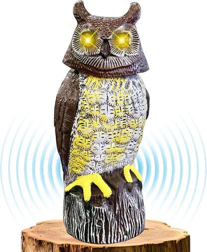 Solar Powered Owl with Motion Detection, Silent Mode, Flashing Eyes, Rotatable Head and Realistic Hoots, Plastic Owl Decoration for Home, Garden, Patio and Fence