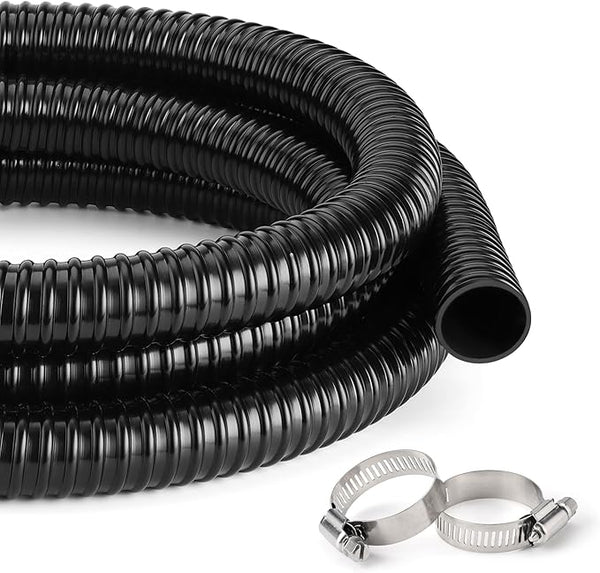 1 1/4 Inch Pond Tubing – 10ft Flexible PVC Corrugated Pond Hose with 2 Stainless Steel Hose Clamps, Kink-Proof Black Pump Tubing for Garden Ponds, Waterfalls, Filters & Drainage