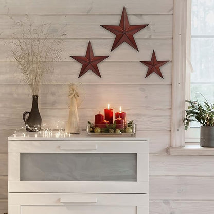 VIVICOMFY 6" 9" 12"（3pieces Red Black Barn Star Texas Stars Art-Metal Stars for Outside Rustic Vintage Western Wall Decor Country Home Farmhouse Wall Decorations