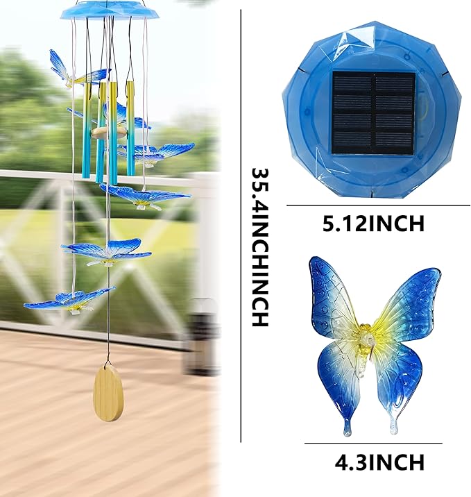 Outdoor Solar Wind Chime Decoration, Mother's Day Birthday Gifts for Grandma, Mom and Family, Outdoor Garden and Courtyard Wind Chime Accessories (Blue Butterfly)