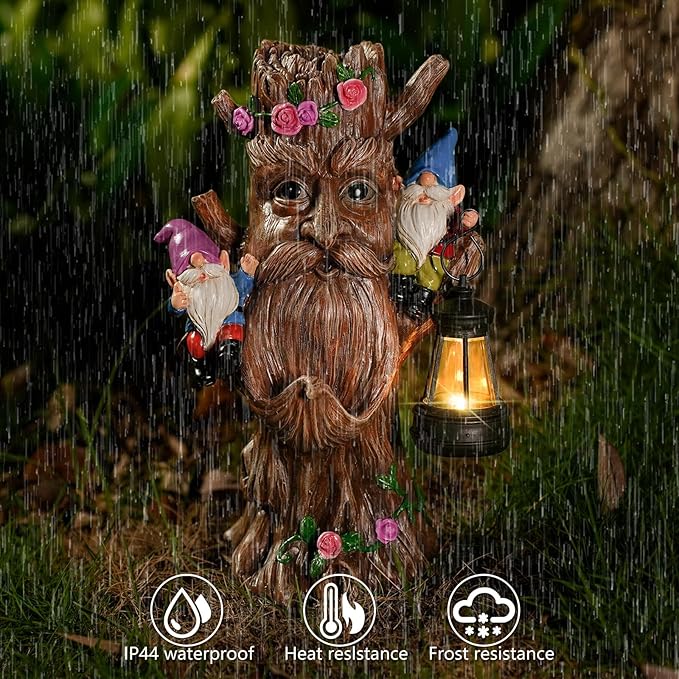 Joint Honglin Whimsical Tree Ent Garden Statue with Gnomes – Solar Powered Outdoor Decor with LED Lantern, Funny Yard Ornament for Lawn, Patio, Porch, or Garden