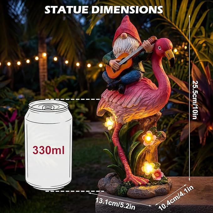EXYGLO Solar Gnome Garden Decor Statue, 10" Gnome Riding Flamingo Outdoor Funny Decoration for Lawn, Patio, Yard, and Unique Housewarming, Birthday Ornament Gift for Mother, Friend, Family