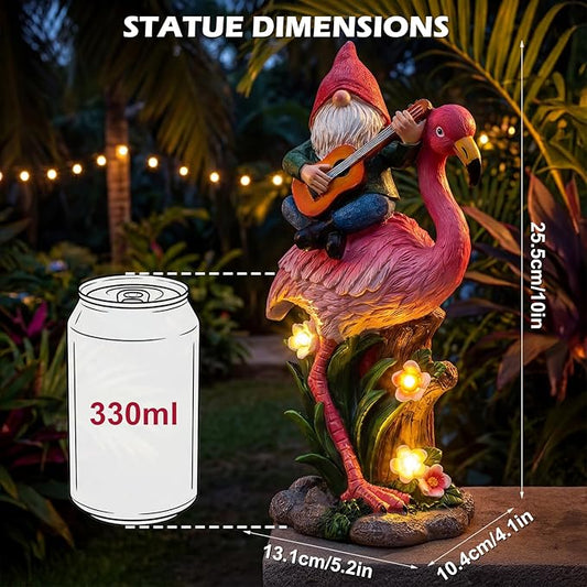 EXYGLO Solar Gnome Garden Decor Statue, 10" Gnome Riding Flamingo Outdoor Funny Decoration for Lawn, Patio, Yard, and Unique Housewarming, Birthday Ornament Gift for Mother, Friend, Family