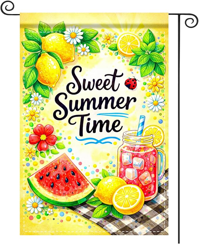 Nuxovilar Summer Garden Flag Sweet Summer Time Lemon Watermelon Picnic Pattern Polyester 12x18 Inches Garden Flags for Outside Fresh Decor Yard Porch Lawn