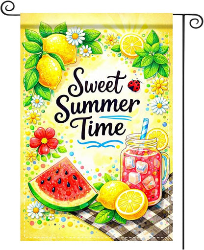 Nuxovilar Summer Garden Flag Sweet Summer Time Lemon Watermelon Picnic Pattern Polyester 12x18 Inches Garden Flags for Outside Fresh Decor Yard Porch Lawn