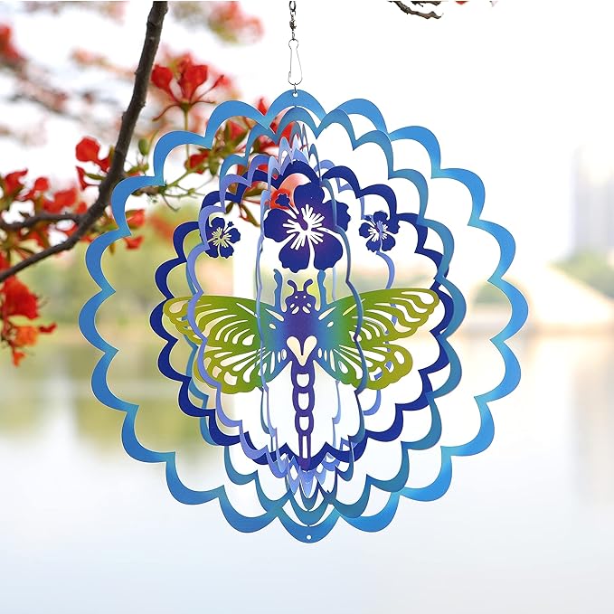Kinetic 3D Metal Dragonfly Wind Spinner Hanging Ornament Worth Gift for Home and Garden - 12inch Dragonfly Mandala Kinetic Hanging Whirligigs Sun Catcher Windmills
