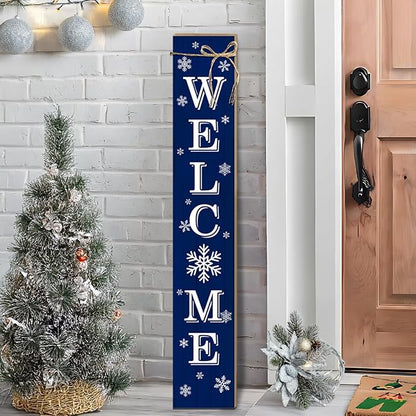 Christmas Porch Sign Xmas Snowflake Welcome Sign Vertical Standing Sign For Front Porch Decor Farmhouse Wall Hanging for Patio Yard Party Indoor Outdoor Winter Holiday Decoration 47.2"H Blue
