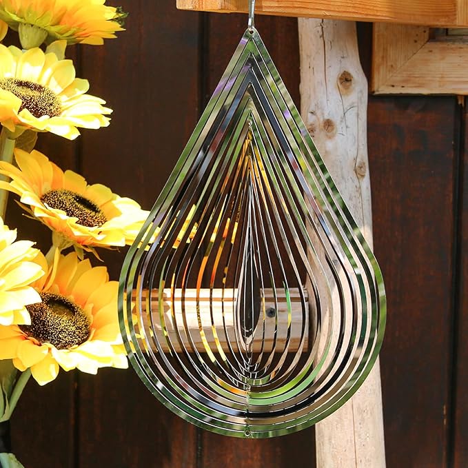 Phuryllic Wind Spinners Outdoor, Garden Decor, Bird Deterrents for Outside, 3D Metal Yard Decorations for Patio & Porch, Unique Gardening Gifts for Women & Moms - 12in Silver Waterdrop