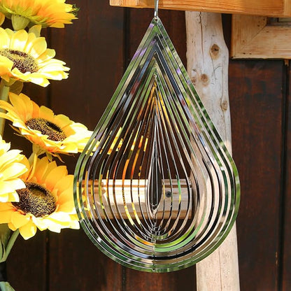 Phuryllic Wind Spinners Outdoor, Garden Decor, Bird Deterrents for Outside, 3D Metal Yard Decorations for Patio & Porch, Unique Gardening Gifts for Women & Moms - 12in Silver Waterdrop