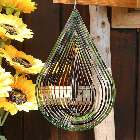 Phuryllic Wind Spinners Outdoor, Garden Decor, Bird Deterrents for Outside, 3D Metal Yard Decorations for Patio & Porch, Unique Gardening Gifts for Women & Moms - 12in Silver Waterdrop